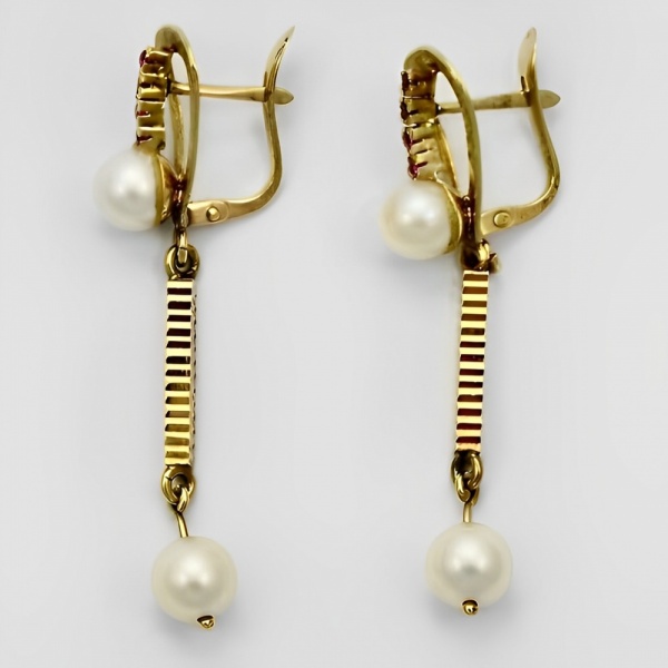 18K Gold Ruby and Cultured Pearl Drop Earrings circa 1970s