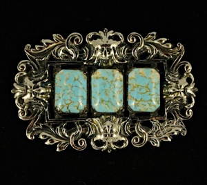 Antique Sterling Silver Statement Brooch Faux Turquoise Stones