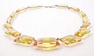 Art Deco Necklace with Pink and Yellow Glass on Gold Tone Wire