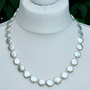 Freshwater Coin Pearl Knotted Necklace with an Iridescent Lustre