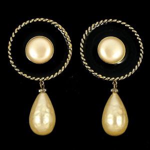 Gold Plated Pearl Enamel Rhinestone Clip On Drop Earrings