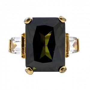 Gold Plated and Olive Green Glass Statement Ring circa 1980s