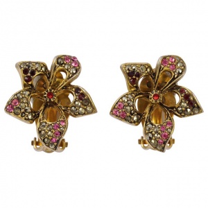 Les Bernard Flower Earrings with Marcasites Red Pink Rhinestones