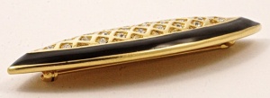 Monet Gold Tone Black Enamel Diamante Brooch circa 1980s