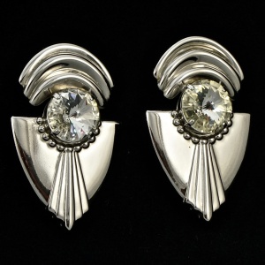 Silver Tone Earrings with Rivoli Stones circa 1980s