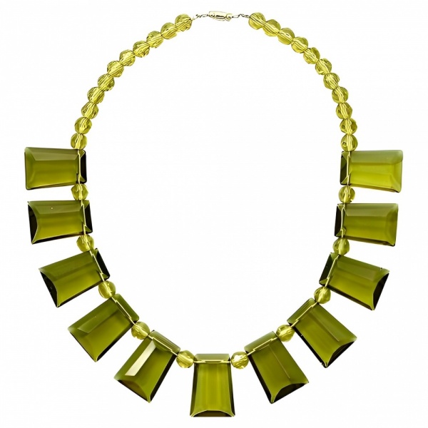 Art Deco Olive Green Glass Fringe Necklace Collar