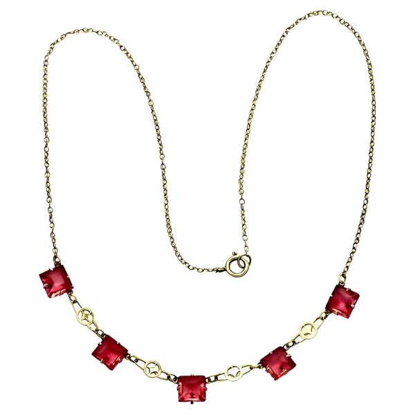 Art Deco Chain Necklace with Square Rouge Pink Glass Crystals