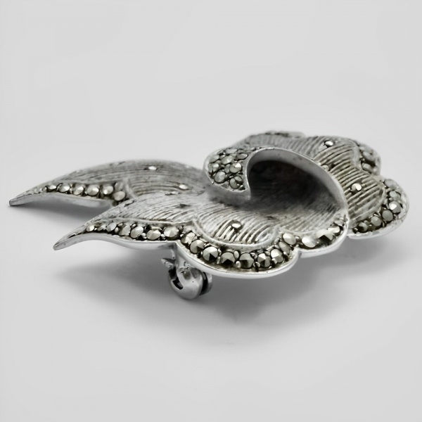 Art Deco Sterling Silver and Marcasite Leaf Brooch