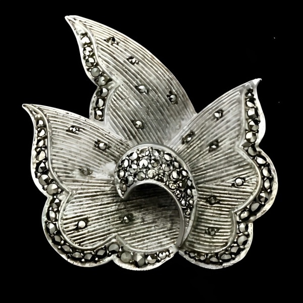 Art Deco Sterling Silver and Marcasite Leaf Brooch