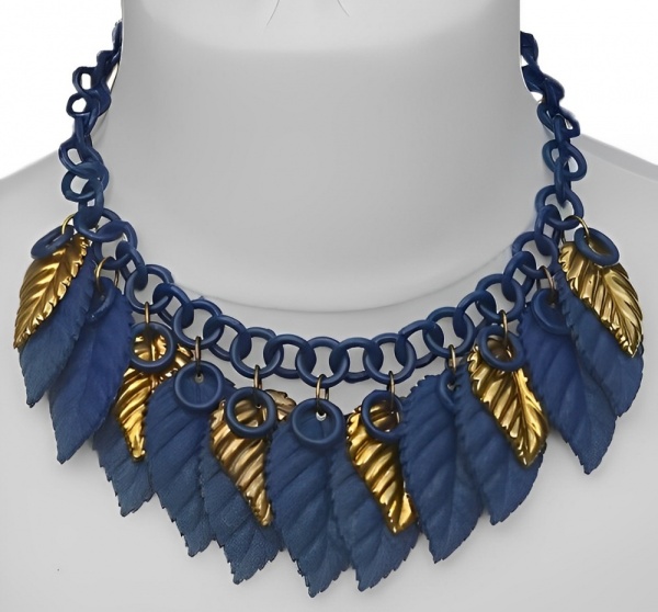 Blue Celluloid and Gold Tone Metal Leaf Necklace circa 1930s