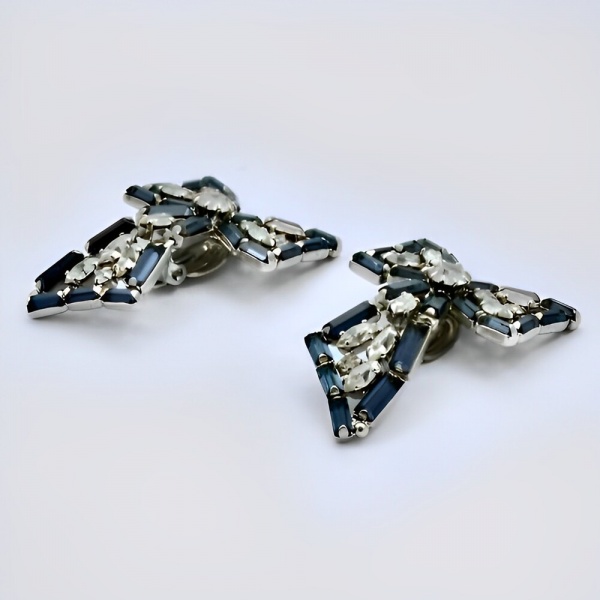 Bow Design Clip On Earrings with Clear and Mid Blue Rhinestones