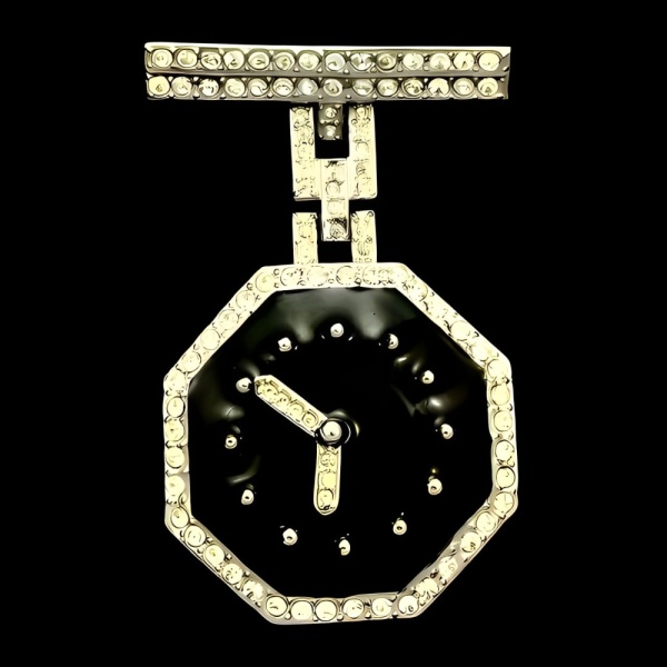 Butler & Wilson Black Enamel Crystals Clock Brooch circa 1980s