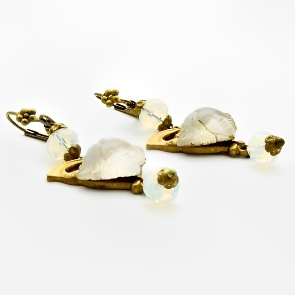 Gilt Metal Drop Earrings with Opaline Glass Lady Heads