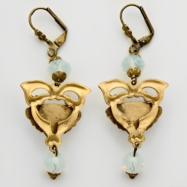 Gilt Metal Drop Earrings with Opaline Glass Lady Heads