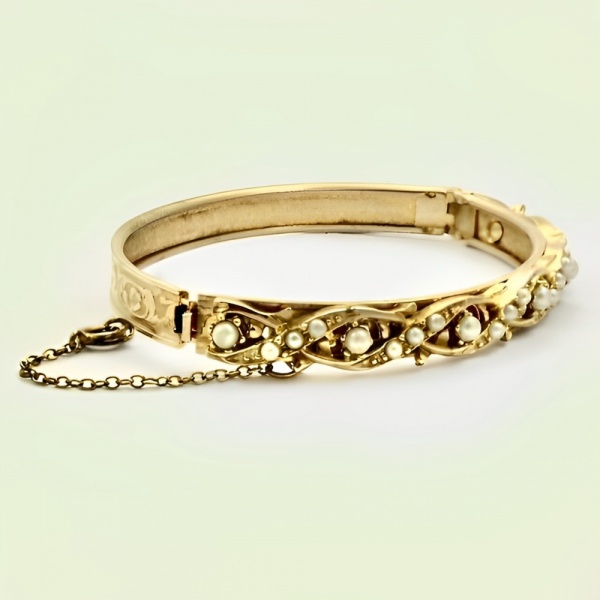 Gold Plated and Faux Pearl Bangle Bracelet circa 1950s