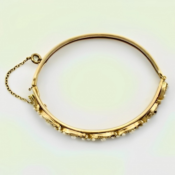 Gold Plated and Faux Pearl Bangle Bracelet circa 1950s