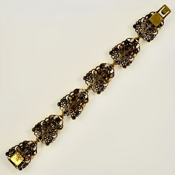 Filigree and Citrine Rhinestone Link Bracelet and Earrings Set