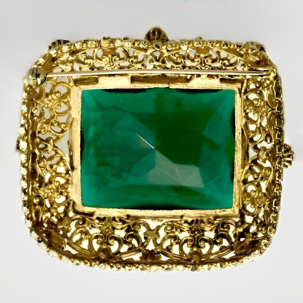 Gold Plated Emerald Green Glass Statement Brooch circa 1960s