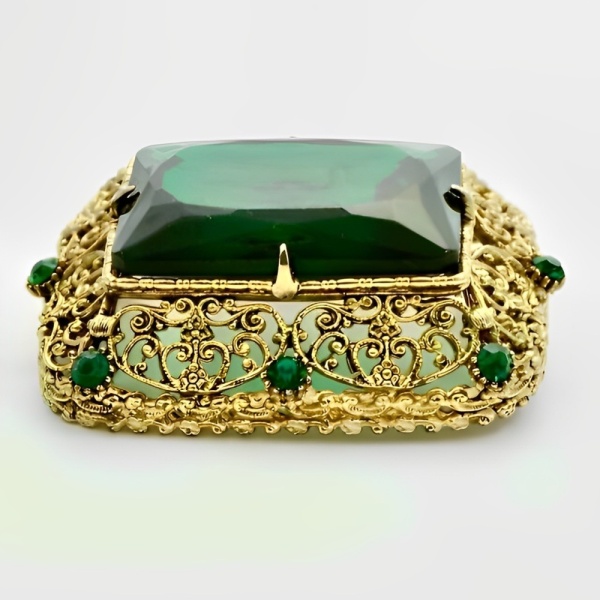 Gold Plated Emerald Green Glass Statement Brooch circa 1960s