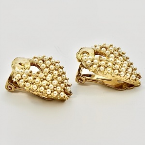 Gold Plated Leaf and Faux Caviar Pearl Clip on Earrings