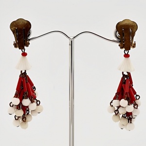 Gold Plated Red and Milk Glass Drop Clip On Earrings circa 1940s