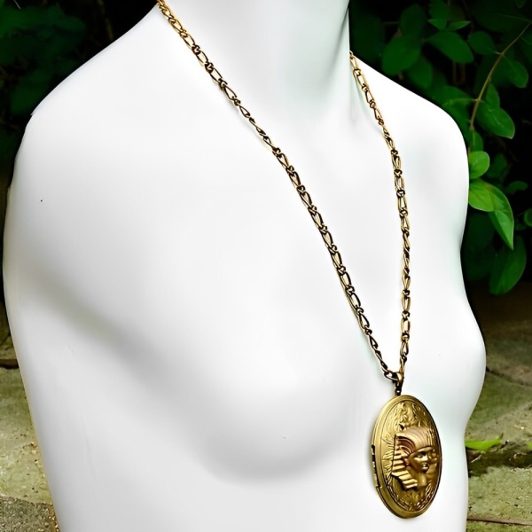 Large Gilt Metal Pharaoh Locket and Chain with Blue Enamel
