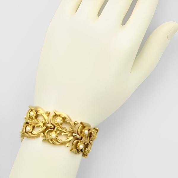 Ornate Gold Plated and Faux Pearl Statement Bracelet 1960s