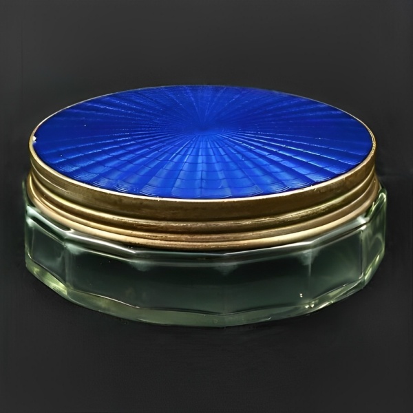 Silver Plated Blue Guilloche Enamel Glass Jar circa 1930s