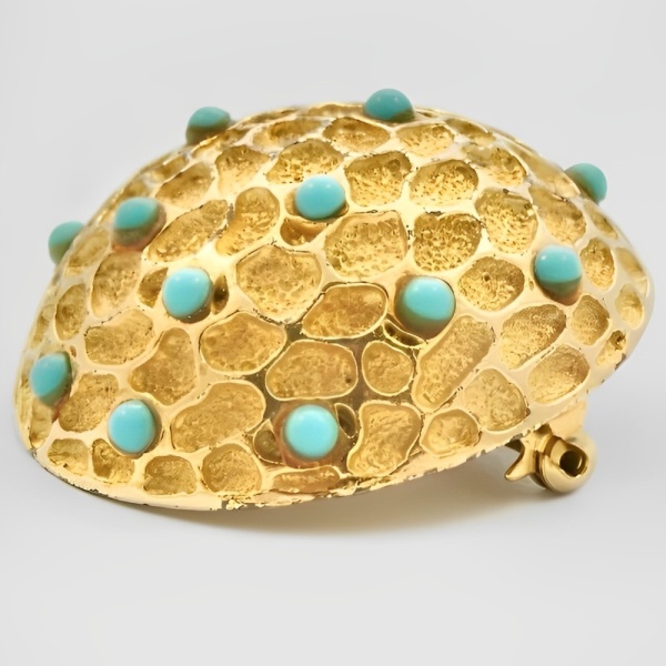 Gold Plated Faux Turquoise Glass Dome Brooch circa 1970s