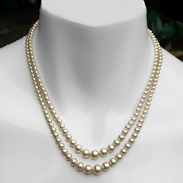 Two Strand Champagne Faux Pearl Necklace Rhinestone Clasp