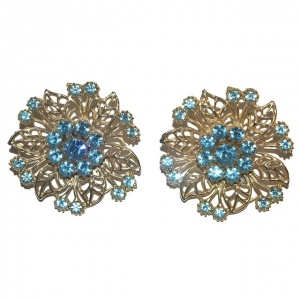 Vintage Pale Gold Tone and Ice Blue Diamante Earrings