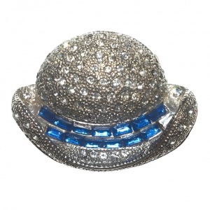 Vintage Silver Tone Azure Blue Clear Diamante Hat Brooch