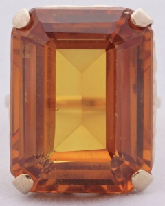 9ct Gold Emerald Cut Burnt Orange Synthetic Sapphire Ring 1960s