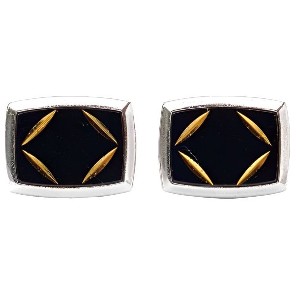 1970s Silver Tone Black and Gold Diamond Cut Cufflinks