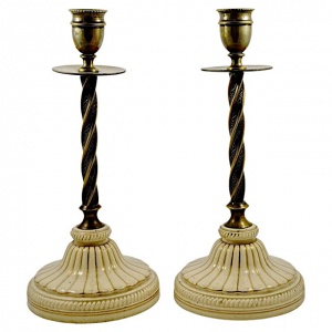 Antique Victorian English Brass and Porcelain Candlesticks 1870