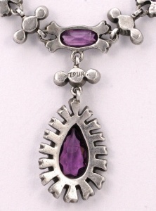 Antique Sterling Silver Lavalier Amethyst and Clear Paste Necklace