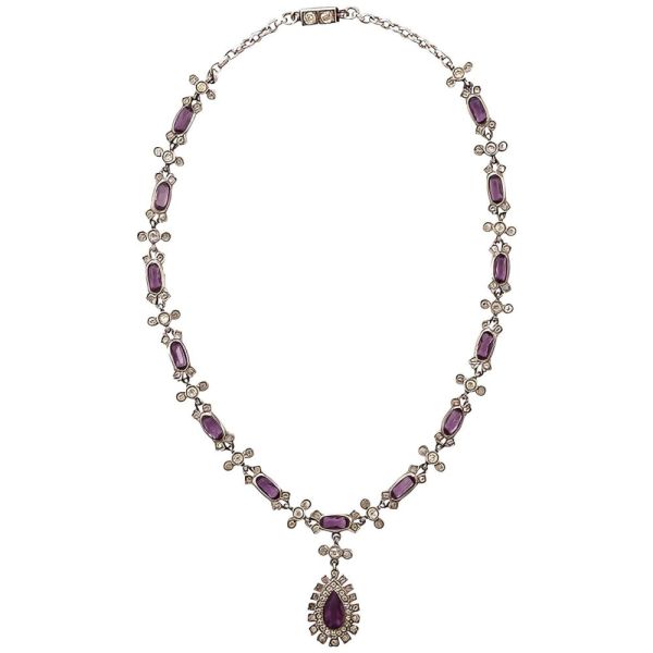 Antique Sterling Silver Lavalier Amethyst and Clear Paste Necklace