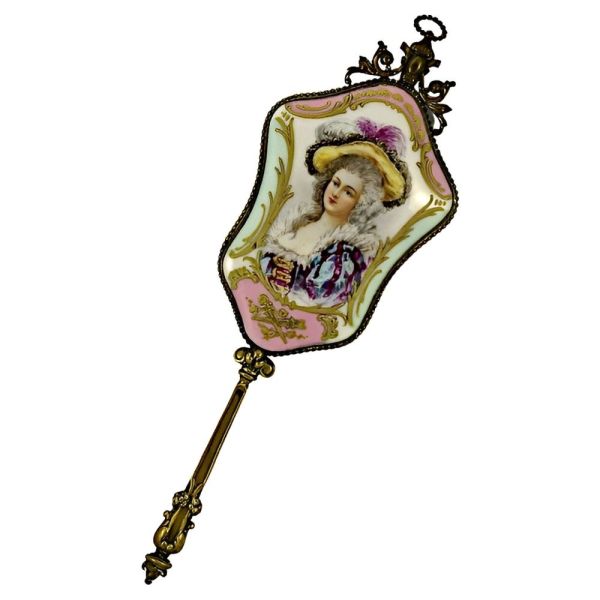 Antique Victorian Hand Painted Porcelain Gilt Hand Mirror