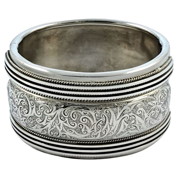 Antique Victorian Heavy Silver Engraved Bangle Bracelet