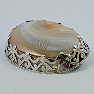 Antique Victorian Large Silver and Agate Brooch