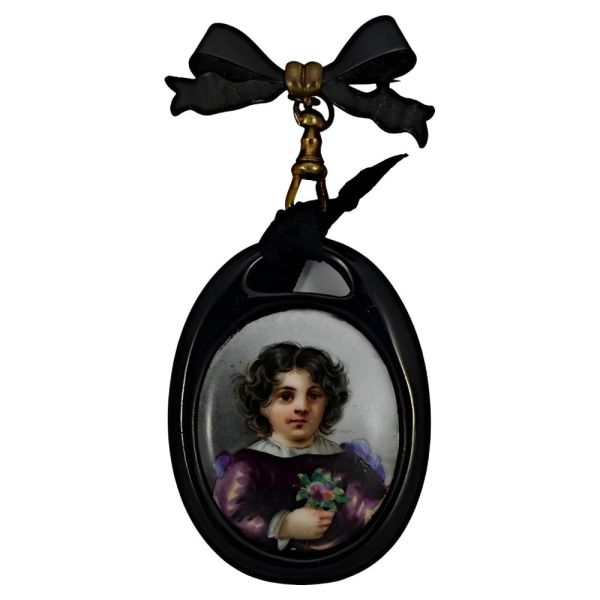 Antique Victorian Painted Porcelain Whitby Jet Pendant Bow Brooch
