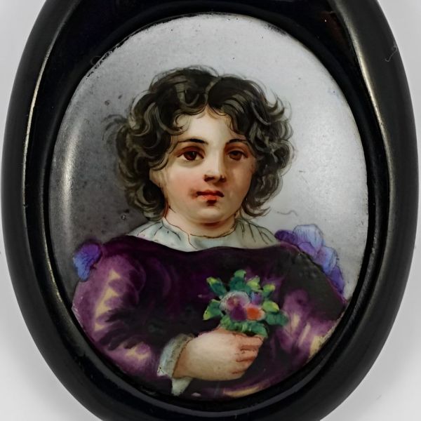 Antique Victorian Painted Porcelain Whitby Jet Pendant Bow Brooch