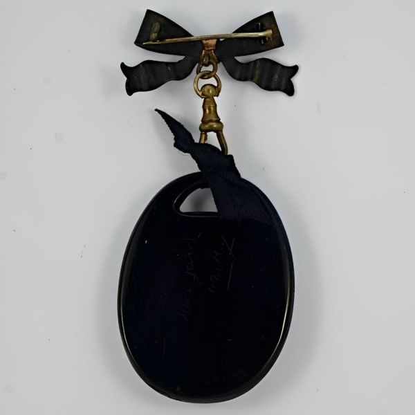 Antique Victorian Painted Porcelain Whitby Jet Pendant Bow Brooch