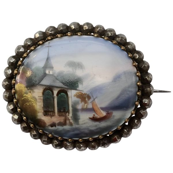 Antique Victorian Porcelain Cut Steel Brooch mid 19th Century