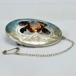 Antique Victorian Engraved Silver and Faux Citrine Brooch