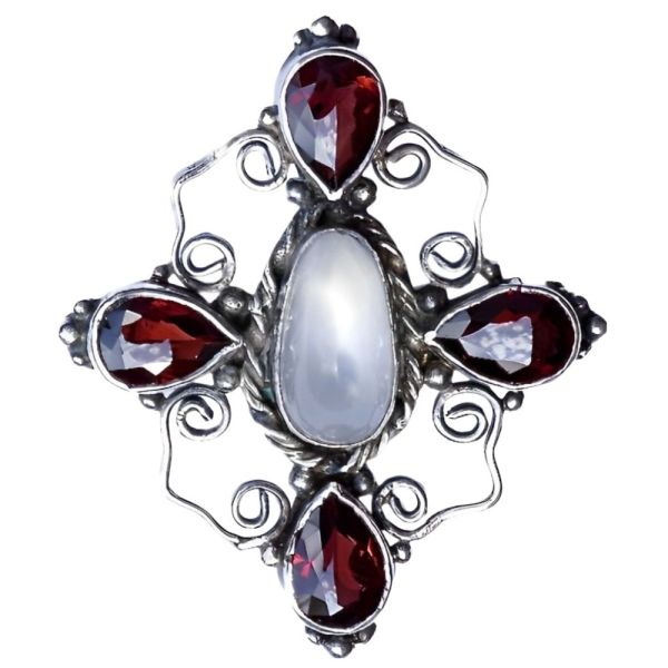 Silver Brooch with Faux Moonstone Faux Garnets circa 1920s