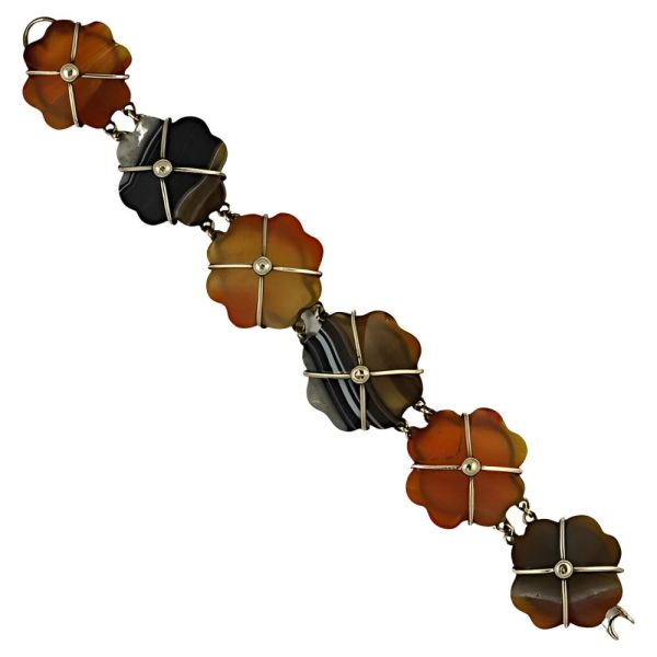 Antique Victorian Silver Carved Polished Agate Flower Bracelet