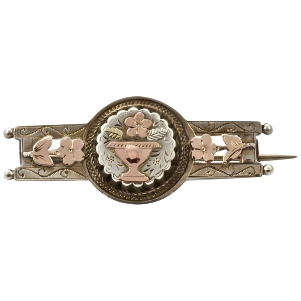Antique Victorian Sterling Silver and Gold Vase and Flower Brooch