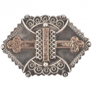 Antique Victorian Sterling Silver and Rose Gold Engraved Brooch