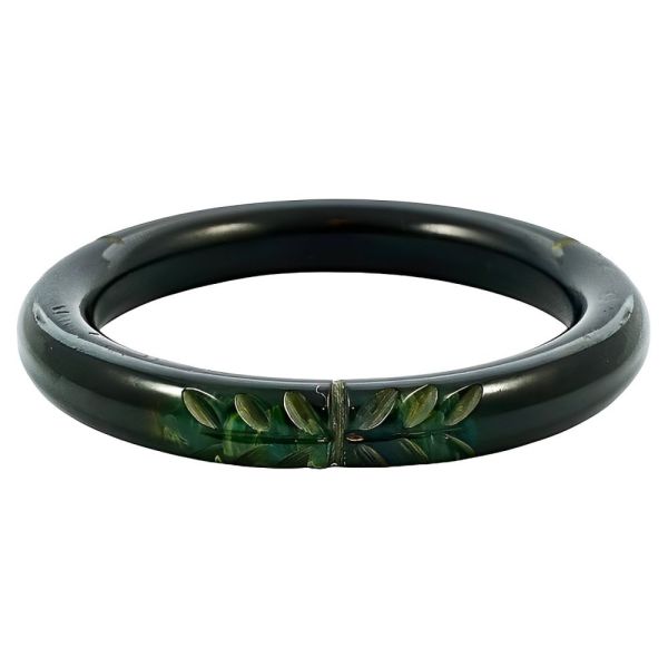 Art Deco Black Marbled Green Carved Leaves Bakelite Bangle